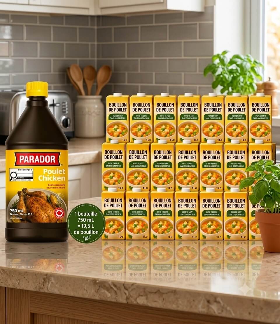 Une bouteille de bouillon concentré Parador de 750 ml comparée à 21 cartons de bouillon
